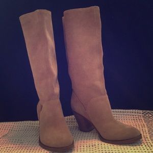 Tan Suede Stacked-Heel Western Boots